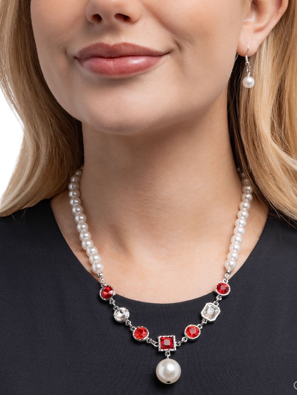 NWT Pearl & Red Rhinestone Necklace & Earrings Set